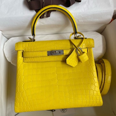 Hermes Kelly Retourne 25 Handmade Bag in Mimosa Crocodile Niloticus Matte Skin HSBS61497