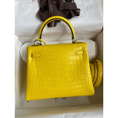 Hermes Kelly Retourne 25 Handmade Bag in Mimosa Crocodile Niloticus Matte Skin