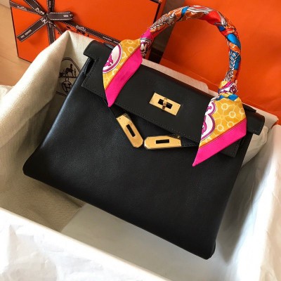 Hermes Kelly Retourne 28 Handmade Bag In Black Swift Calfskin