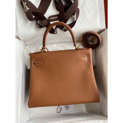 Hermes Kelly Retourne 28 Handmade Bag In Gold Clemence Leather