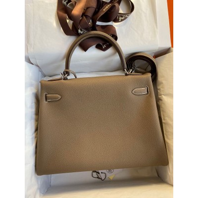 Hermes Kelly Retourne 32 Handmade Bag In Taupe Clemence Leather