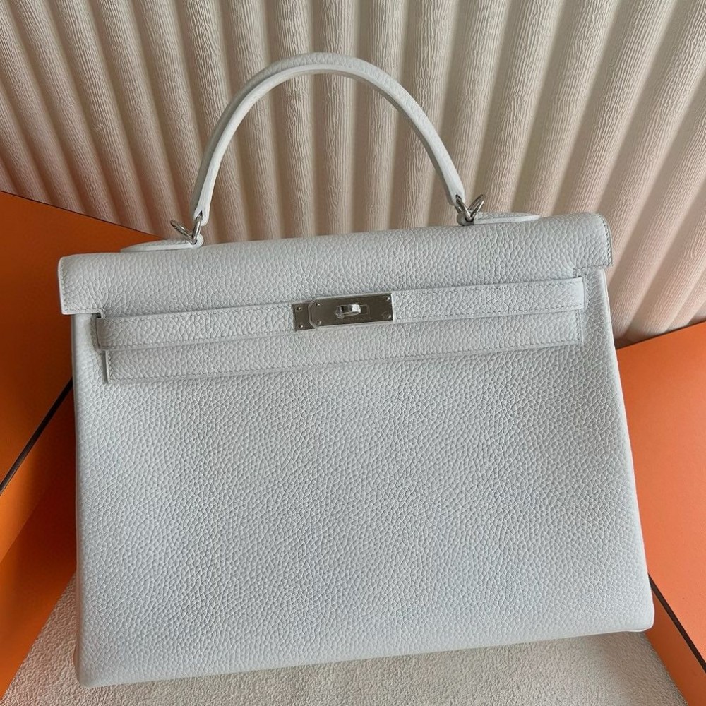 Hermes Kelly Retourne 35 Handmade Bag in White Clemence Leather