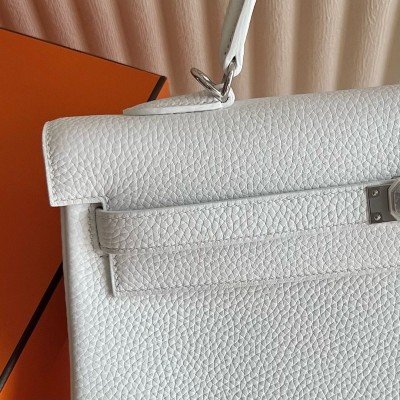 Hermes Kelly Retourne 35 Handmade Bag in White Clemence Leather