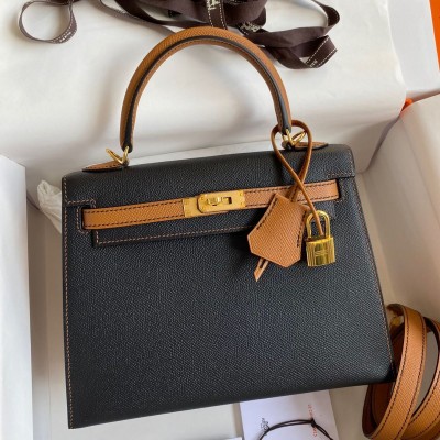 Hermes Kelly Sellier 25 Bicolor Bag in Black and Gold Epsom Calfskin HSBS61527