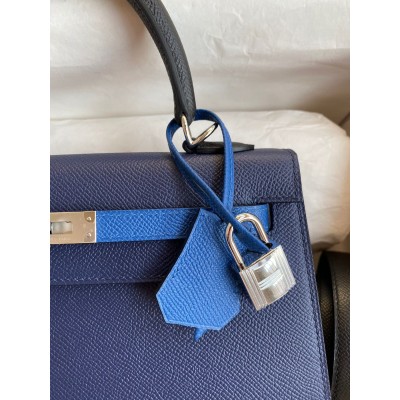 Hermes Kelly Sellier 25 Bicolor Bag in Blue Saphir and Blue France Epsom Calfskin