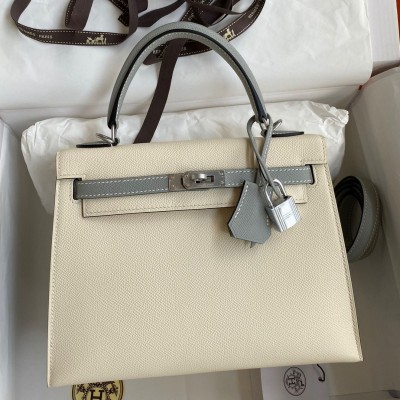 Hermes Kelly Sellier 25 Bicolor Bag in Craie and Gris Mouette Epsom Calfskin HSBS61540