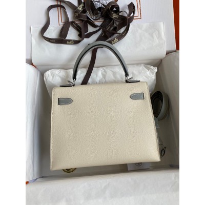 Hermes Kelly Sellier 25 Bicolor Bag in Craie and Gris Mouette Epsom Calfskin