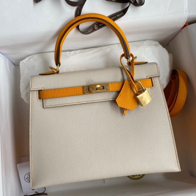 Hermes Kelly Sellier 25 Bicolor Bag in Craie and Yellow Epsom Calfskin HSBS61515