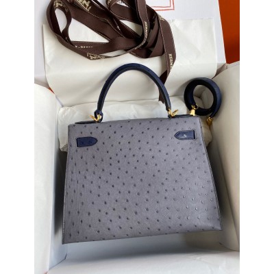 Hermes Kelly Sellier 25 Bicolor Bag in Gris Agate and Blue Ostrich Leather