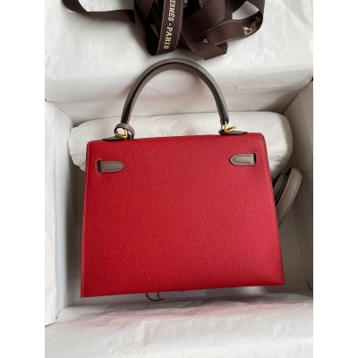 Hermes Kelly Sellier 25 Bicolor Bag in Red and Etain Epsom Calfskin