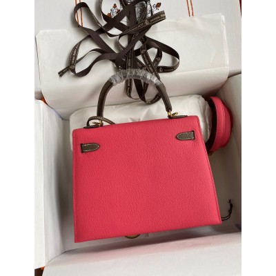 Hermes Kelly Sellier 25 Bicolor Bag in Rose Extremea nd Taupe Epsom Calfskin