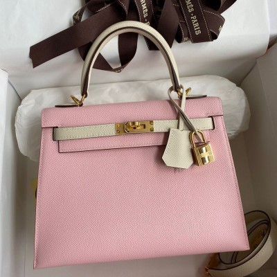 Hermes Kelly Sellier 25 Bicolor Bag in Rose Sakura and Craie Epsom Calfskin HSBS61544