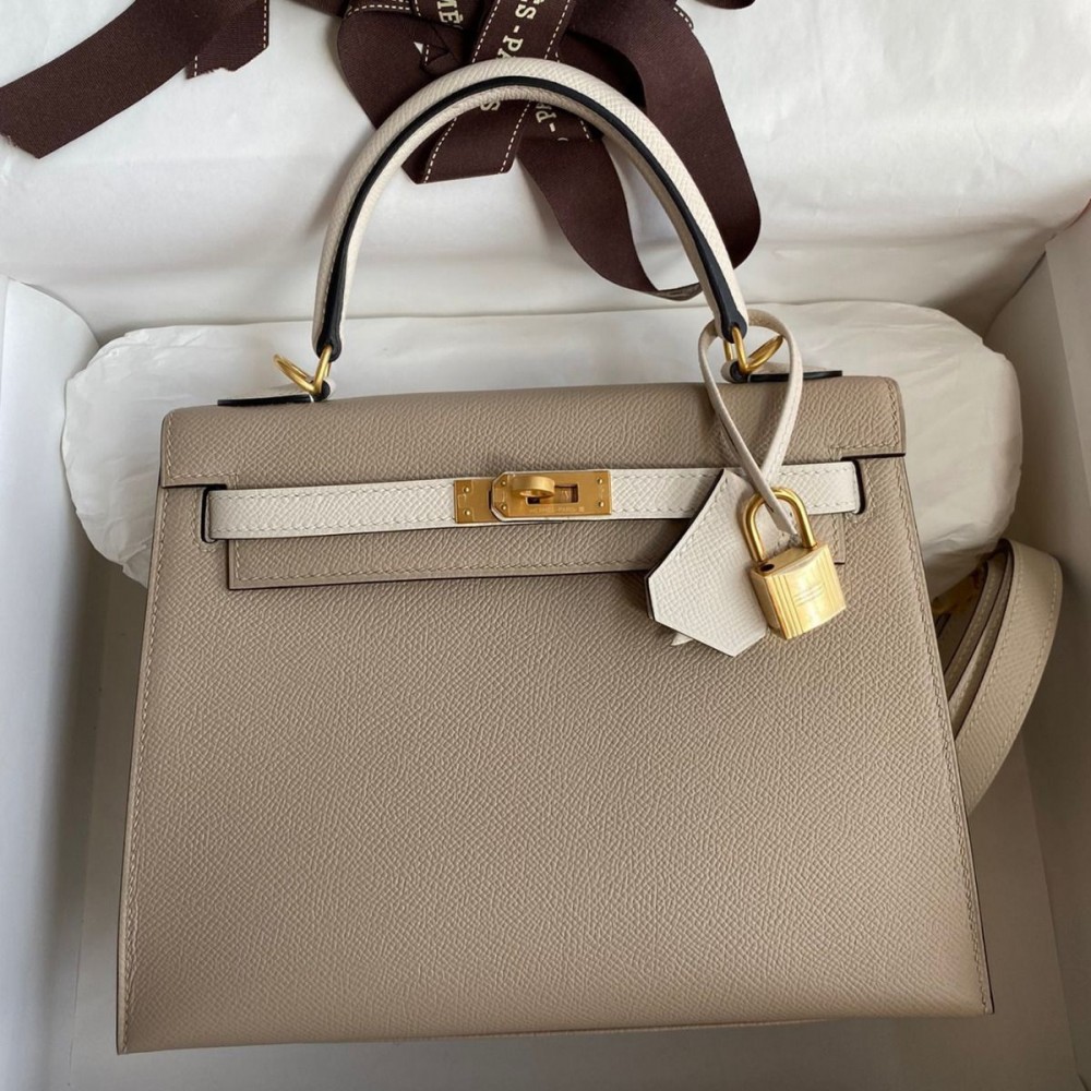 Hermes Kelly Sellier 25 Bicolor Bag in Trench and Craie Epsom Calfskin