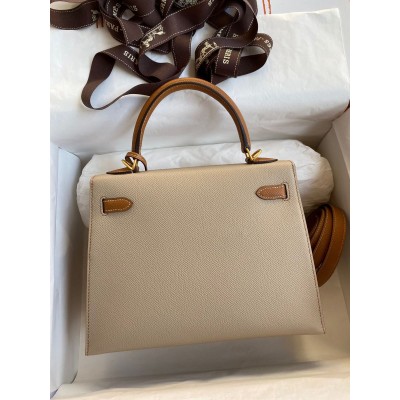 Hermes Kelly Sellier 25 Bicolor Bag in Trench and Gold Epsom Calfskin