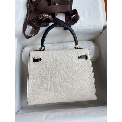 Hermes Kelly Sellier 25 Bicolor Bag in White and Black Mysore Goatskin