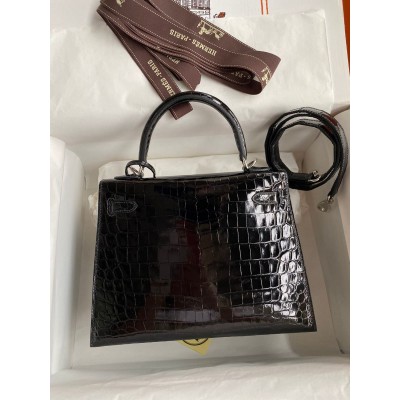 Hermes Kelly Sellier 25 Diamond Bag In Black Crocodile Niloticus Shiny Skin