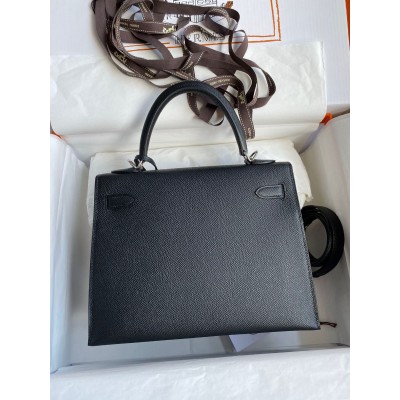 Hermes Kelly Sellier 25 Handmade Bag In Black Epsom Calfskin