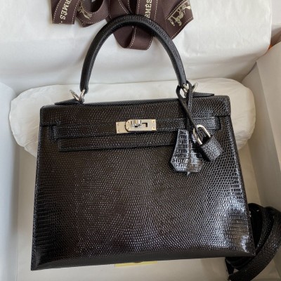 Hermes Kelly Sellier 25 Handmade Bag In Black Lizard Leather HSBS61592