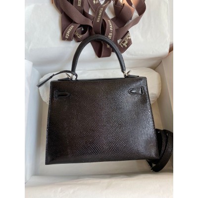 Hermes Kelly Sellier 25 Handmade Bag In Black Lizard Leather