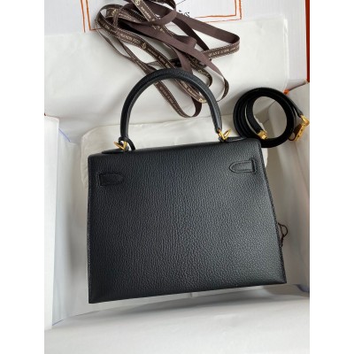 Hermes Kelly Sellier 25 Handmade Bag In Black Mysore Goatskin