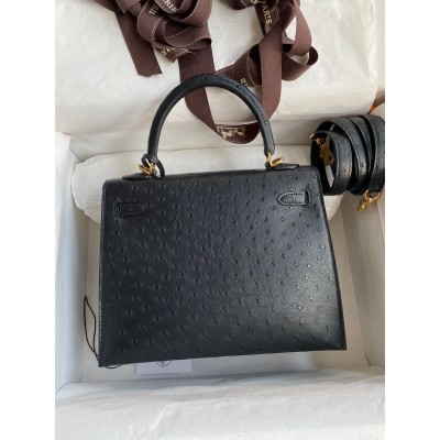 Hermes Kelly Sellier 25 Handmade Bag In Black Ostrich Leather