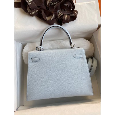 Hermes Kelly Sellier 25 Handmade Bag In Blue Brume Epsom Calfskin