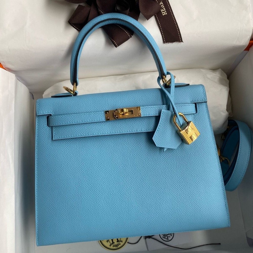 Hermes Kelly Sellier 25 Handmade Bag In Blue Candy Epsom Calfskin