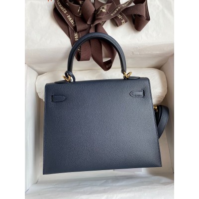 Hermes Kelly Sellier 25 Handmade Bag In Blue Indigo Epsom Calfskin