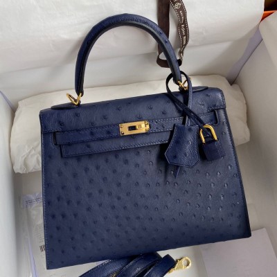 Hermes Kelly Sellier 25 Handmade Bag In Blue Iris Ostrich Leather HSBS61594