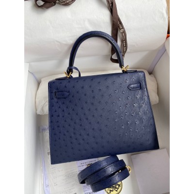 Hermes Kelly Sellier 25 Handmade Bag In Blue Iris Ostrich Leather