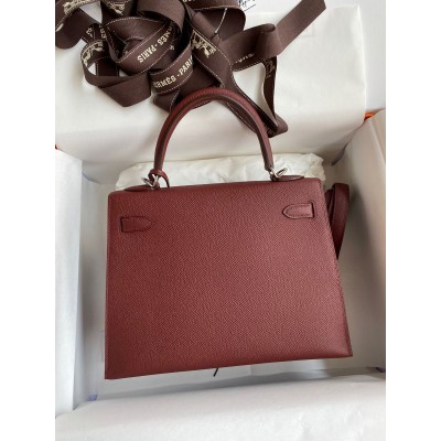 Hermes Kelly Sellier 25 Handmade Bag In Bordeaux Epsom Calfskin