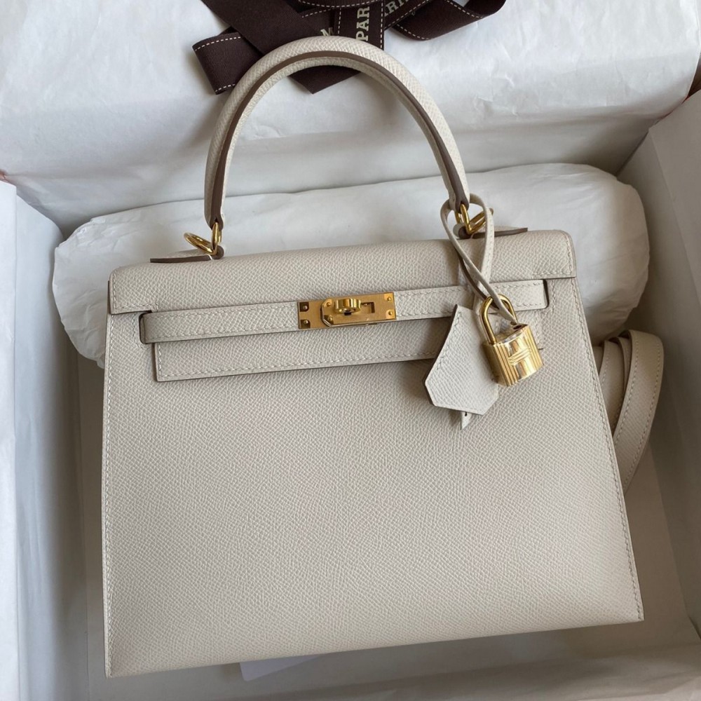 Hermes Kelly Sellier 25 Handmade Bag In Craie Epsom Calfskin