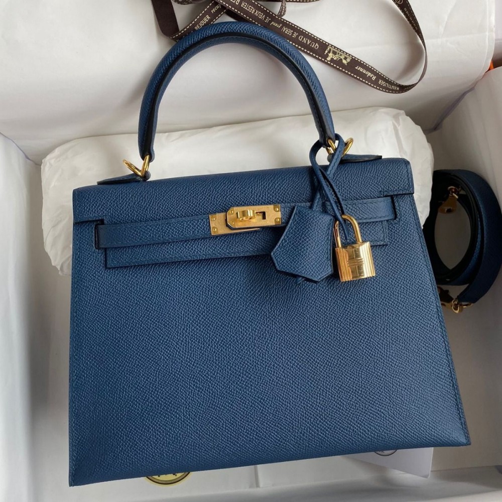 Hermes Kelly Sellier 25 Handmade Bag In Deep Blue Epsom Calfskin