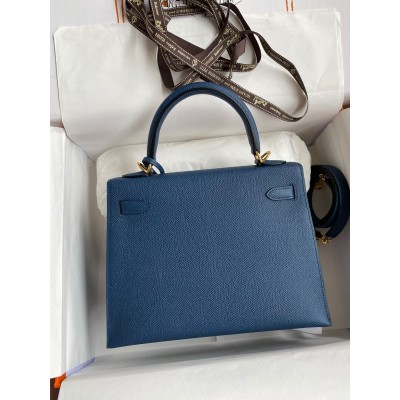 Hermes Kelly Sellier 25 Handmade Bag In Deep Blue Epsom Calfskin