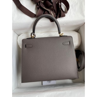 Hermes Kelly Sellier 25 Handmade Bag In Etain Epsom Calfskin