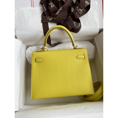 Hermes Kelly Sellier 25 Handmade Bag In Lime Epsom Calfskin