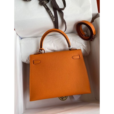 Hermes Kelly Sellier 25 Handmade Bag In Orange Epsom Calfskin