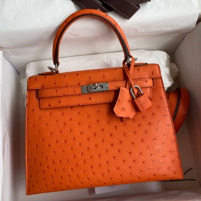 Hermes Kelly Sellier 25 Handmade Bag In Orange Ostrich Leather HSBS61559