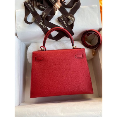 Hermes Kelly Sellier 25 Handmade Bag In Red Epsom Calfskin