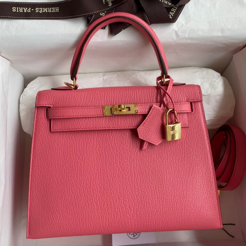 Hermes Kelly Sellier 25 Handmade Bag In Rose Lipstick Mysore Goatskin