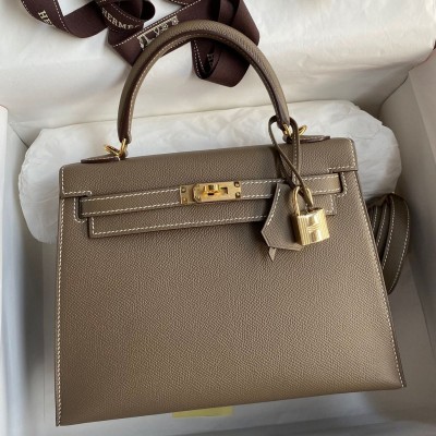 Hermes Kelly Sellier 25 Handmade Bag In Taupe Epsom Calfskin HSBS61596