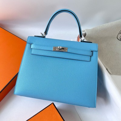 Hermes Kelly Sellier 25 Handmade Bag in Blue Azteque Epsom Calfskin