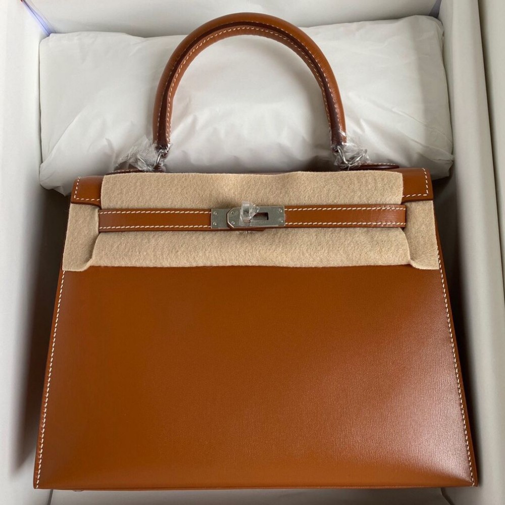 Hermes Kelly Sellier 25 Handmade Bag in Caramel Box Calfskin