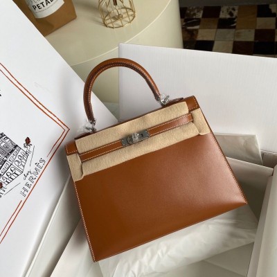 Hermes Kelly Sellier 25 Handmade Bag in Caramel Box Calfskin