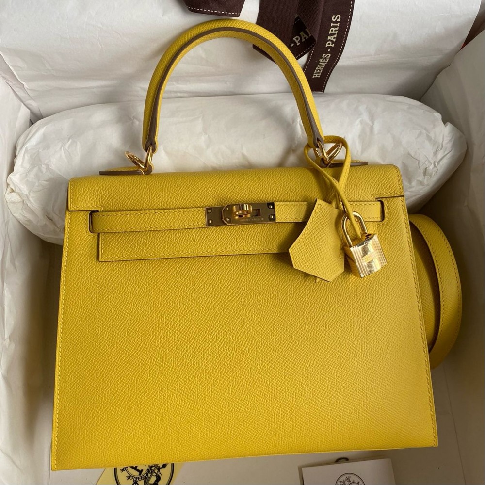 Hermes Kelly Sellier 25 Handmade Bag in Jaune de Naples Epsom Calfskin