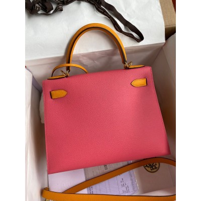 Hermes Kelly Sellier 28 Bicolor Bag in Rose Lipstick and Yellow Epsom Calfskin