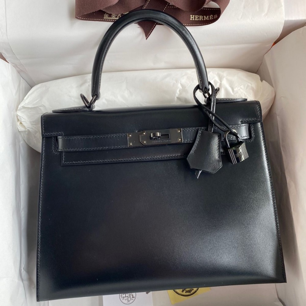 Hermes Kelly Sellier 28 Handmade Bag In Black Box Calfskin