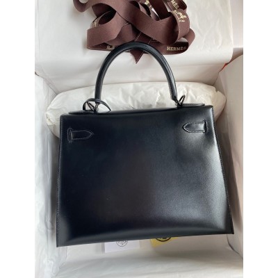 Hermes Kelly Sellier 28 Handmade Bag In Black Box Calfskin