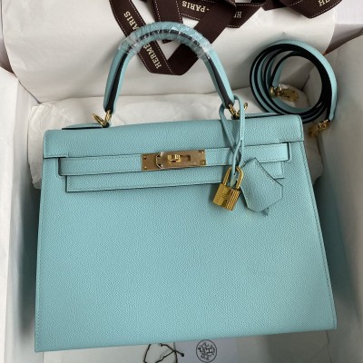 Hermes Kelly Sellier 28 Handmade Bag In Blue Atoll Epsom Calfskin HSBS61644