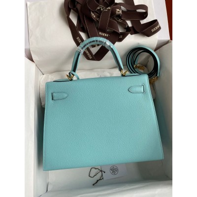 Hermes Kelly Sellier 28 Handmade Bag In Blue Atoll Epsom Calfskin